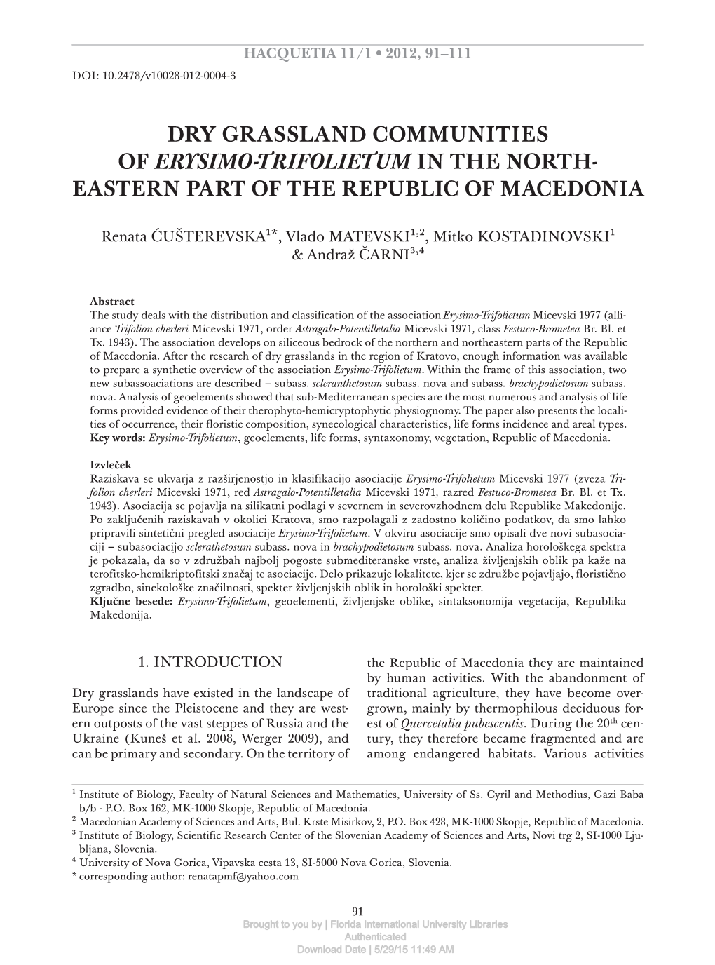 Dry Grassland Communities of Erysimo-Trifolietum in the North- Eastern Part of the Republic of Macedonia