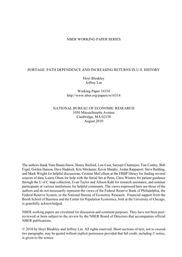 NBER WORKING PAPER SERIES PORTAGE: PATH DEPENDENCE and INCREASING RETURNS in U.S. HISTORY Hoyt Bleakley Jeffrey Lin Working Pape