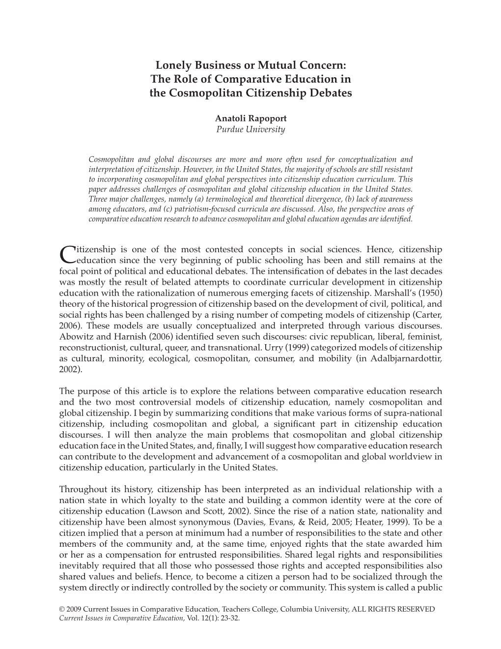 The Role of Comparative Education in the Cosmopolitan Citizenship Debates
