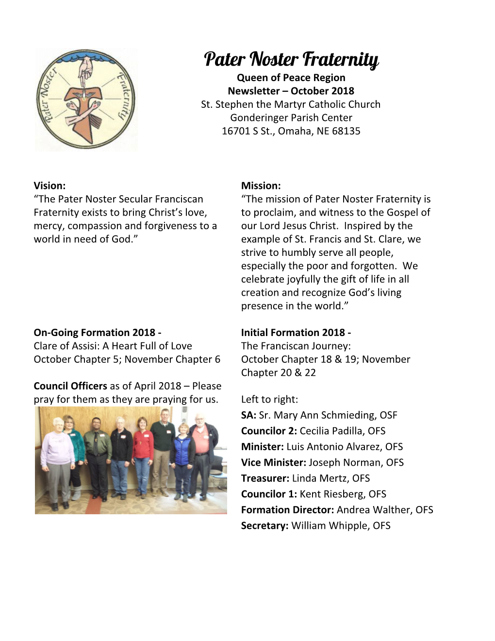 Pater Noster Fraternity Queen of Peace Region Newsletter – October 2018 St