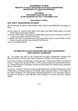 Government of India Ministry of Heavy Industries and Public Enterprises Department of Public Enterprises ***** Lok Sabha Unstarred Question No