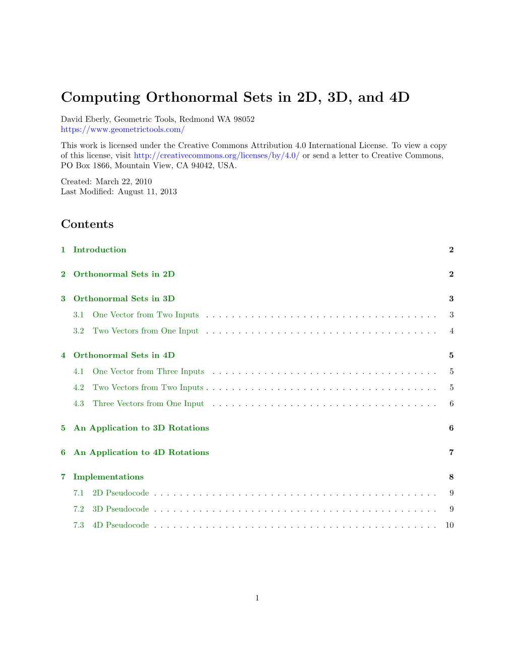 Computing Orthonormal Sets in 2D, 3D, and 4D