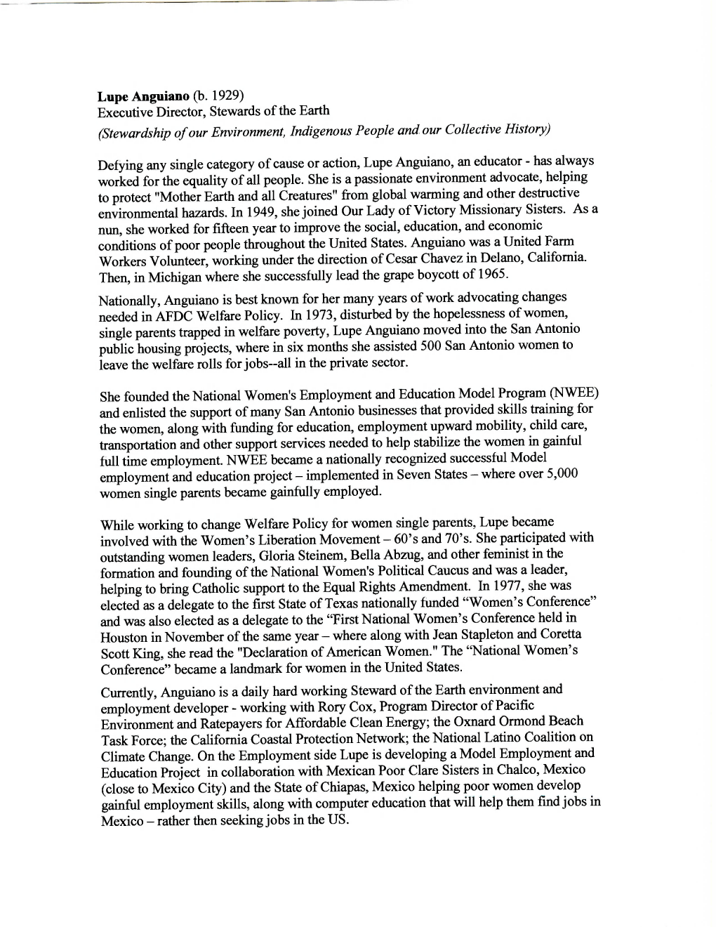 Lupe Anguiano (B. 1929) Executive Director, Stewards of the Earth (Stewardship of Our Environment, Indigenous People and Our Collective History)