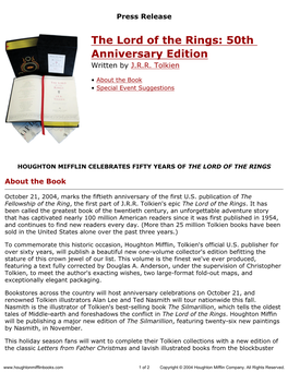 Press Release for the the Lord of the Rings: 50Th Anniversary Edition