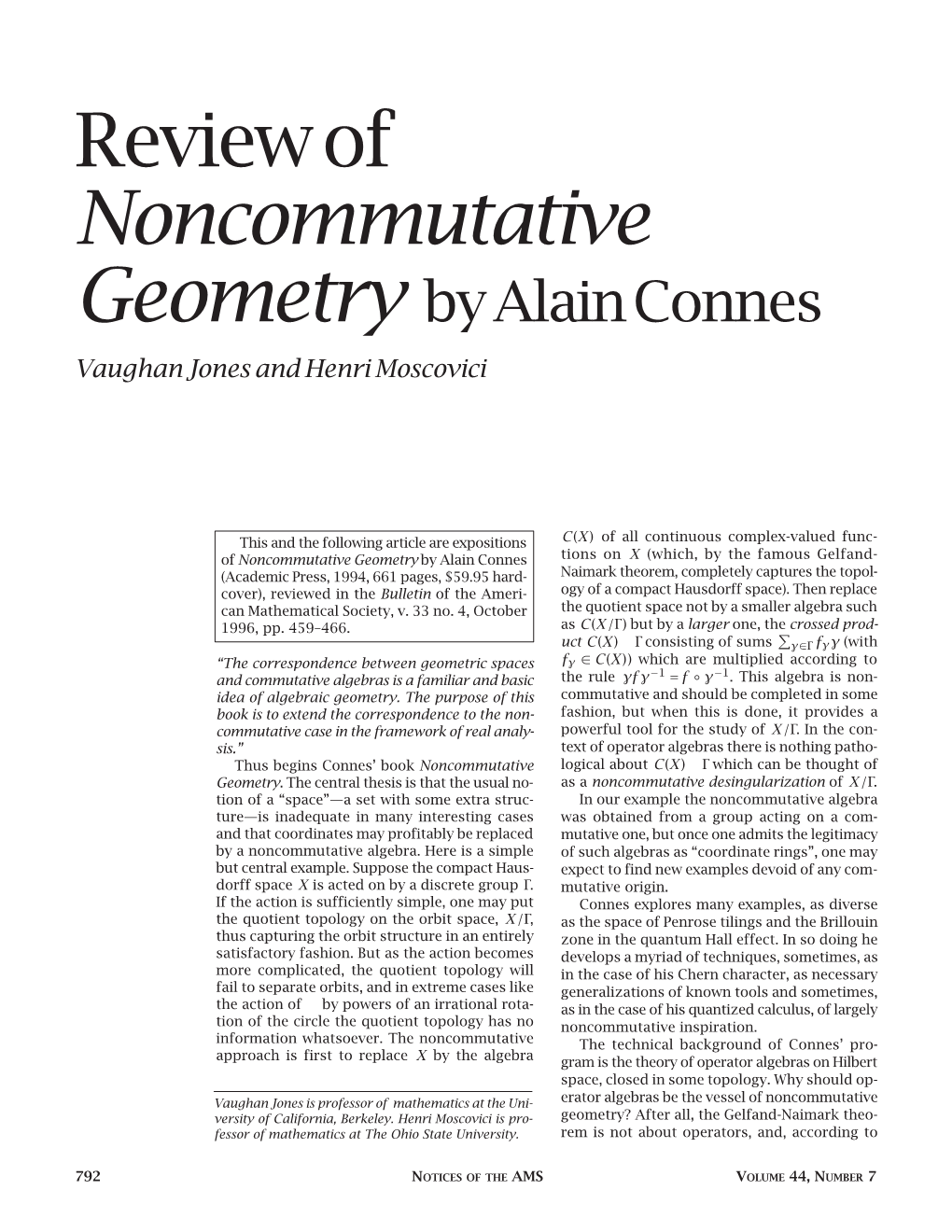 Review of Noncommutative Geometry by Alain Connes Vaughan Jones and Henri Moscovici