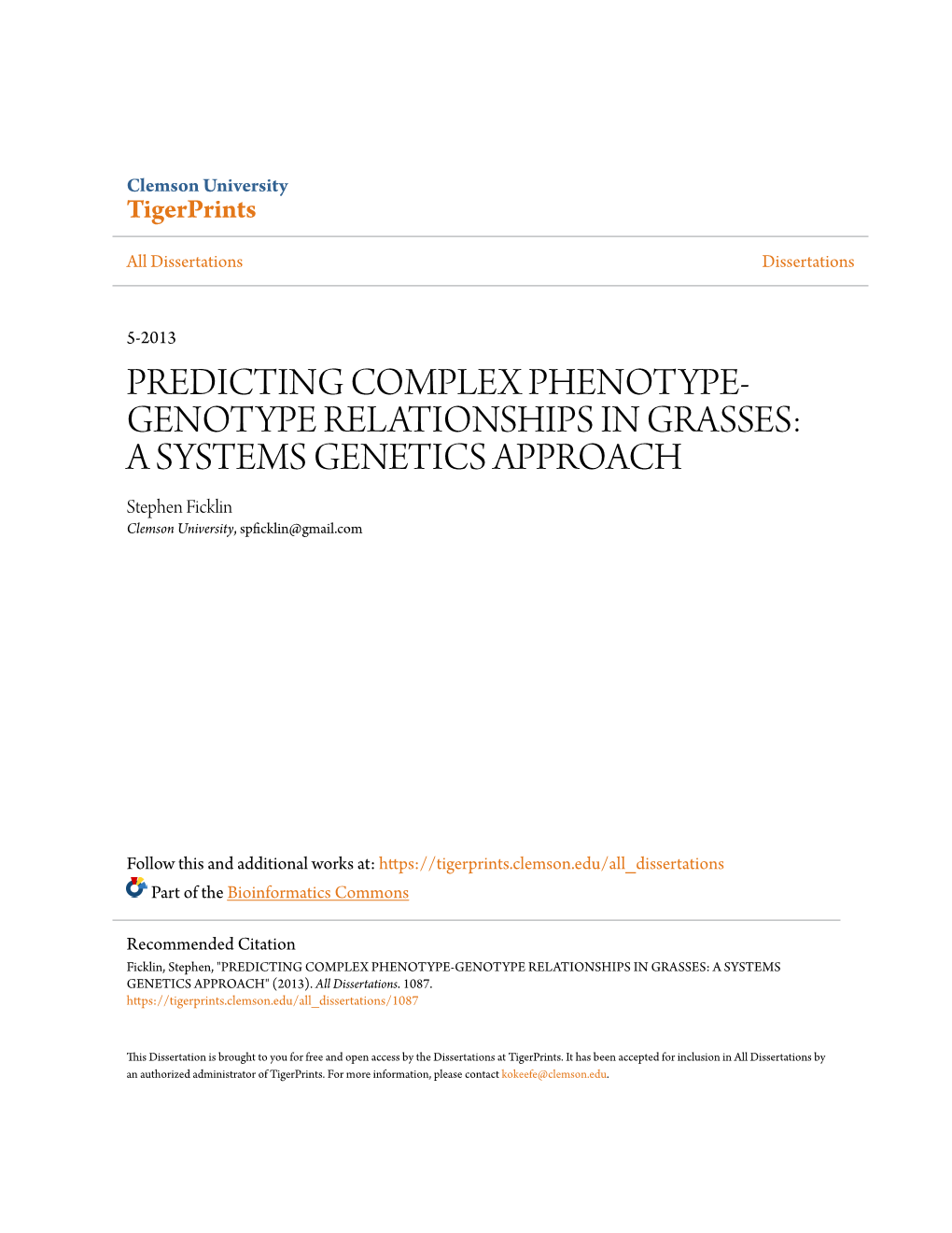 Predicting Complex Phenotype-Genotype Relationships in Grasses: a Systems Genetics Approach" (2013)