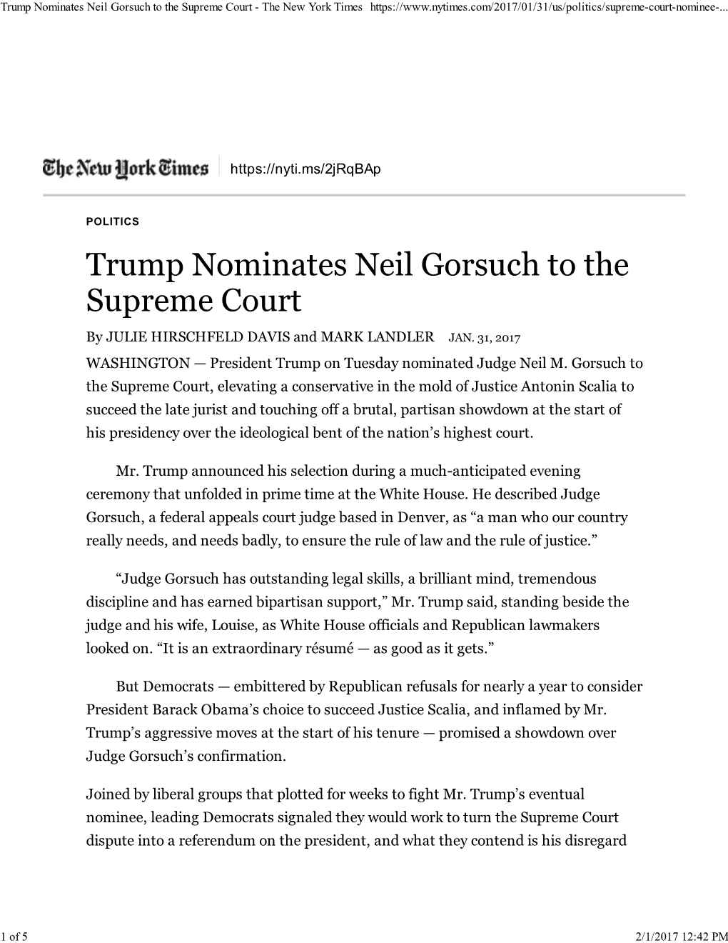 Trump Nominates Neil Gorsuch to the Supreme Court - the New York Times