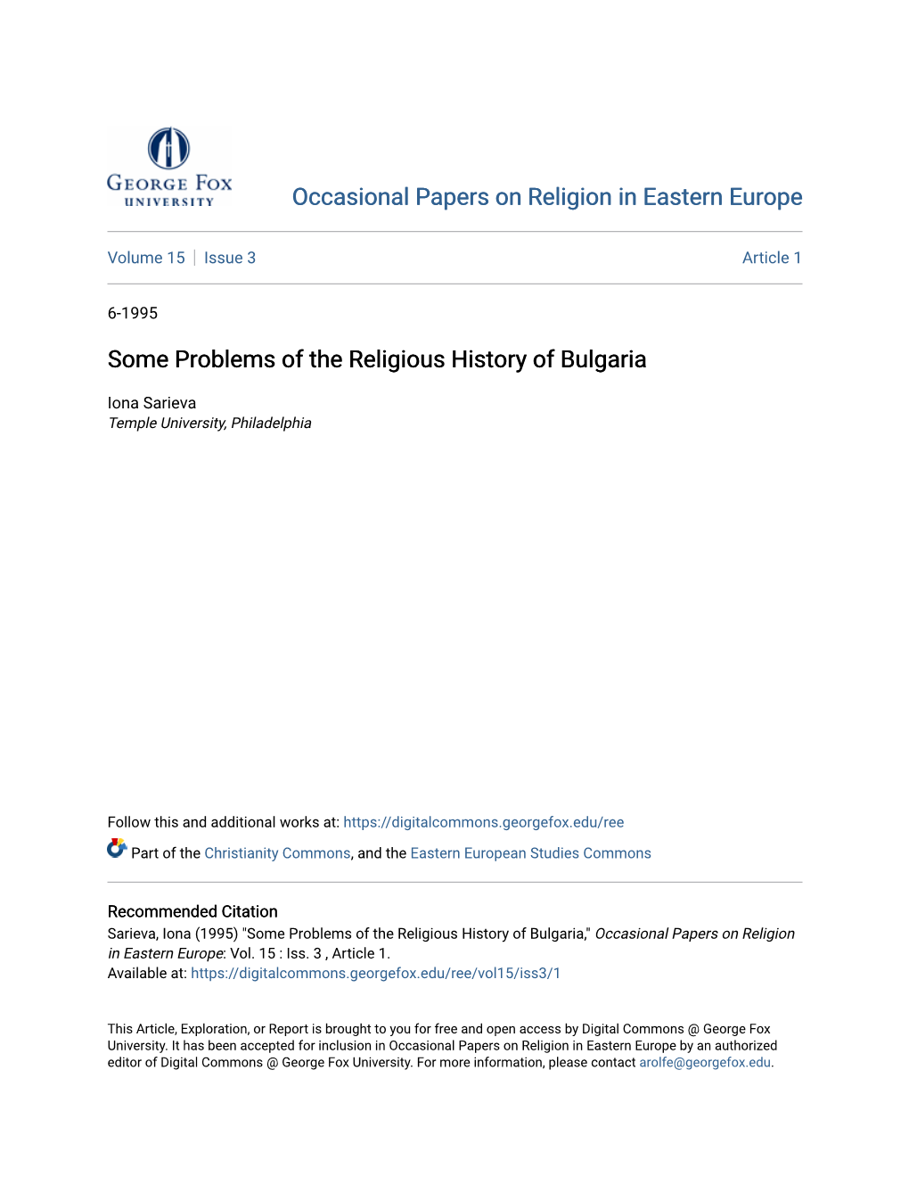 Some Problems of the Religious History of Bulgaria