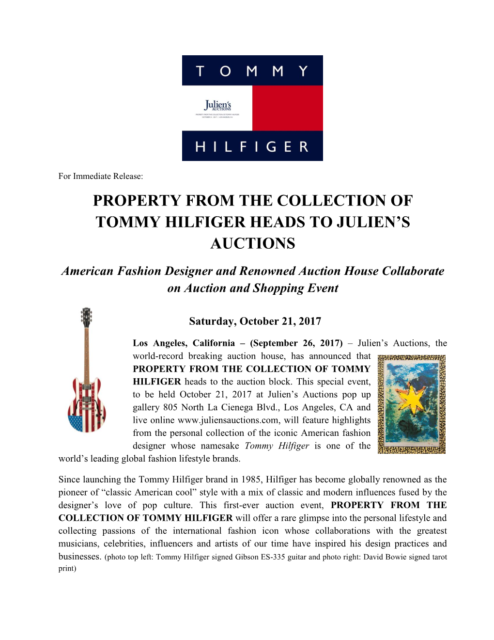 Property from the Collection of Tommy Hilfiger Heads to Julien's Auctions