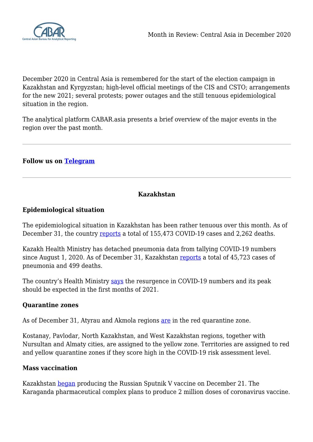 Month in Review: Central Asia in December 2020