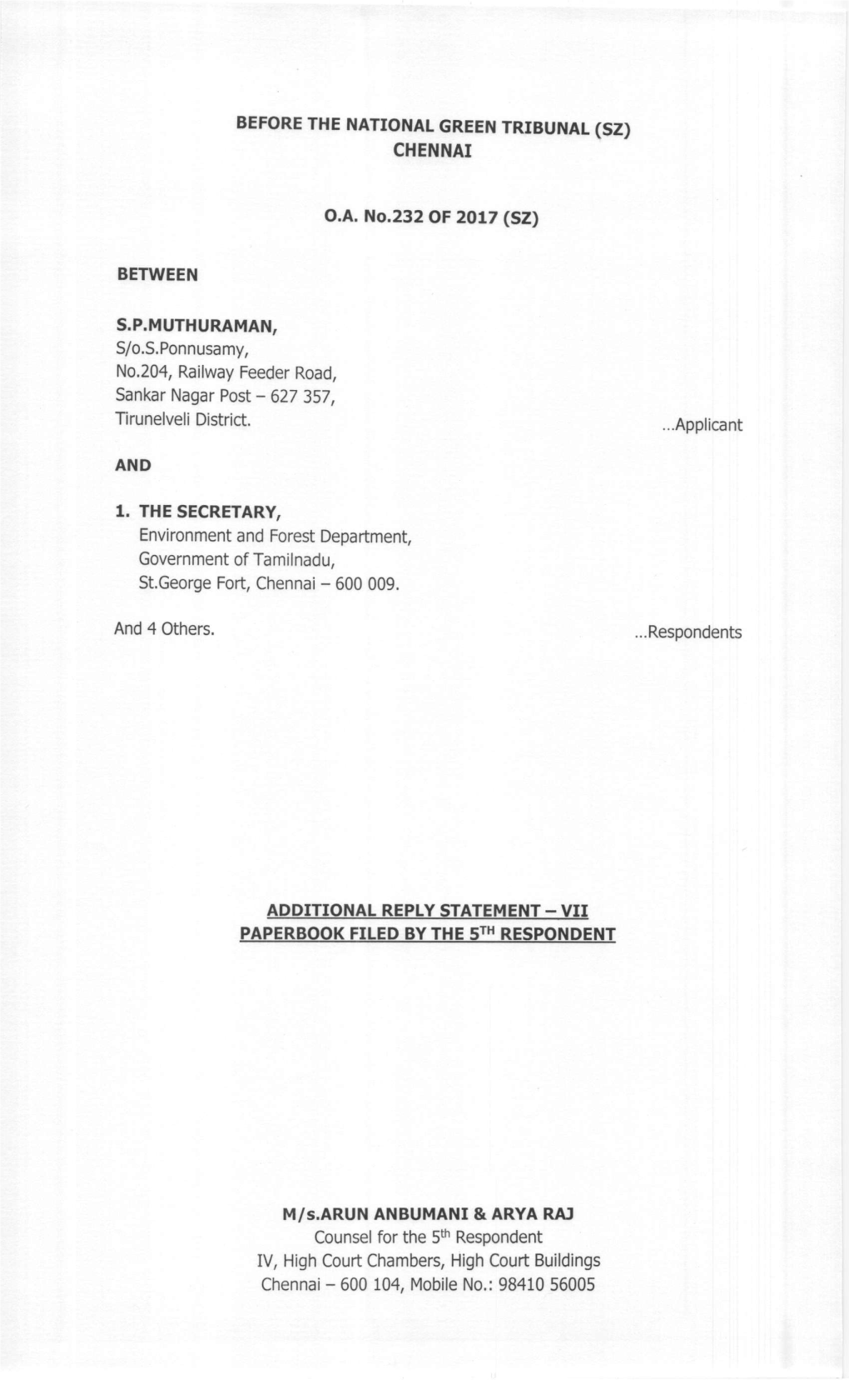 Additional Reply Statement - Vii Paperbook Filed by the 5Th Respondent