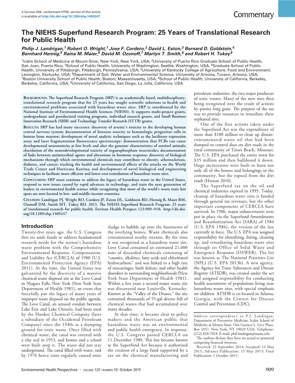 The NIEHS Superfund Research Program: 25 Years of Translational Research for Public Health Philip J