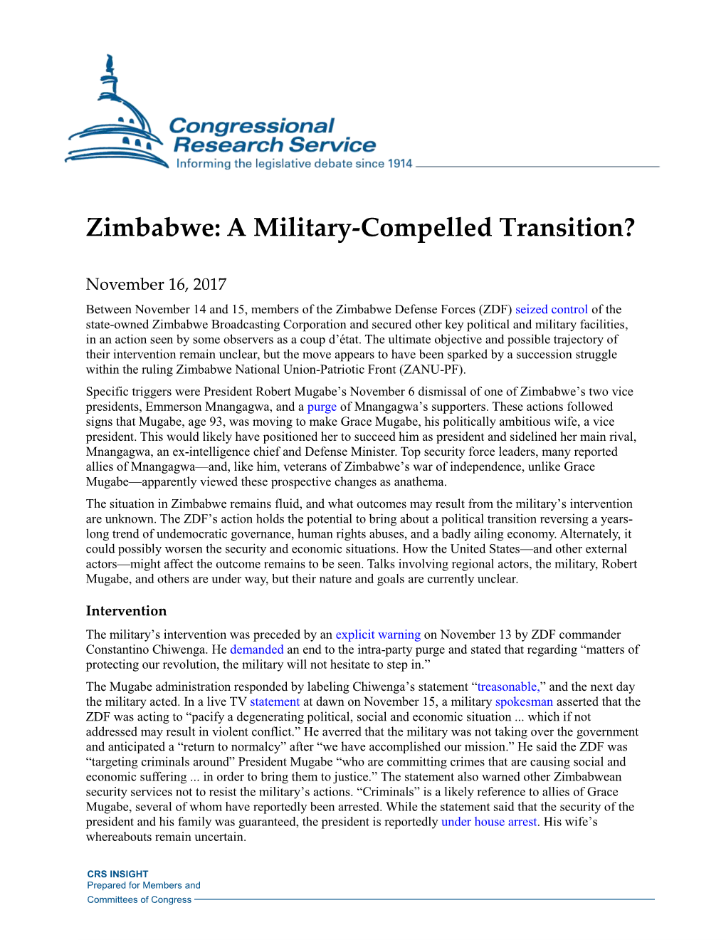 Zimbabwe: a Military-Compelled Transition?