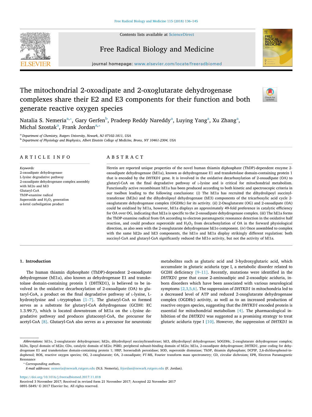 The Mitochondrial 2-Oxoadipate and 2-Oxoglutarate Dehydrogenase Complexes Share Their E2 and E3 Components for Their Function An