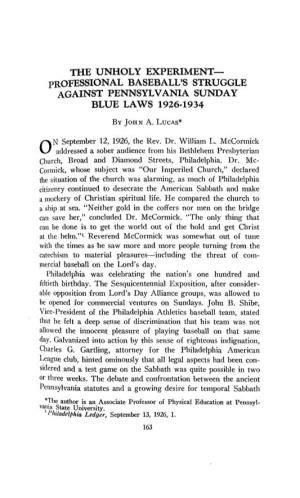 Professional Baseball's Struggle Against Pennsylvania Sunday Blue Laws 1926-1934