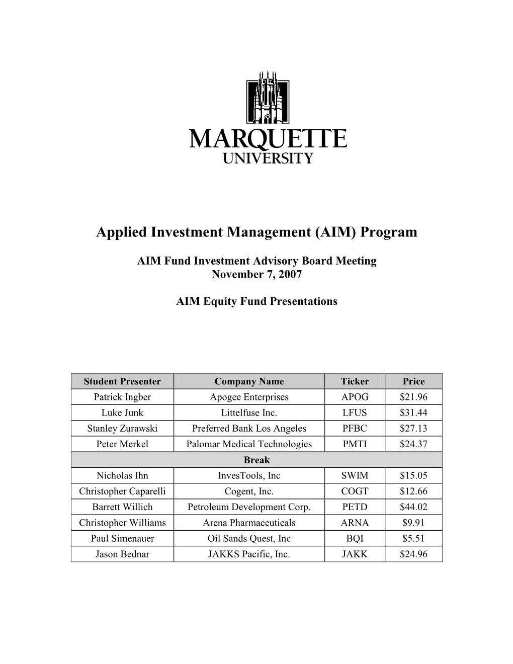 Applied Investment Management (AIM) Program