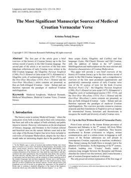 The Most Significant Manuscript Sources of Medieval Croatian Vernacular Verse