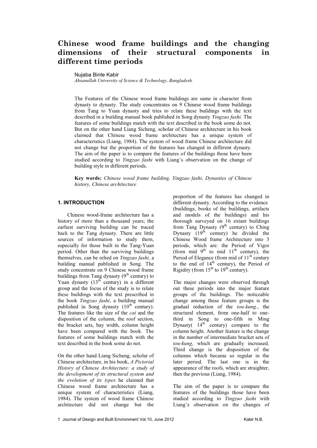 Chinese Wood Frame Buildings and the Changing Dimensions of Their Structural Components in Different Time Periods