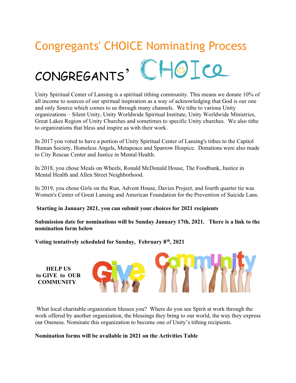 Congregants' CHOICE Nominating Process CONGREGANTS'