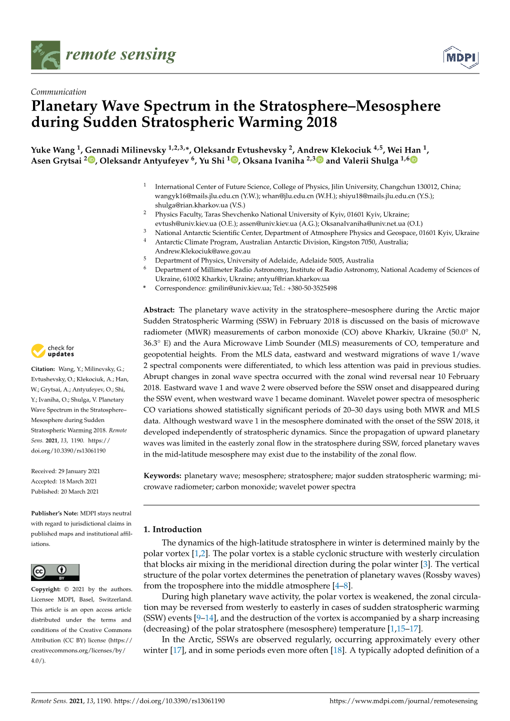 Planetary Wave Spectrum in the Stratosphere–Mesosphere During Sudden Stratospheric Warming 2018