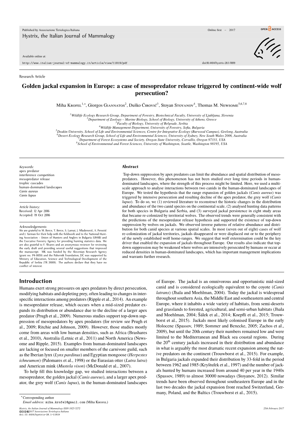 Golden Jackal Expansion in Europe: a Case of Mesopredator Release Triggered by Continent-Wide Wolf Persecution?