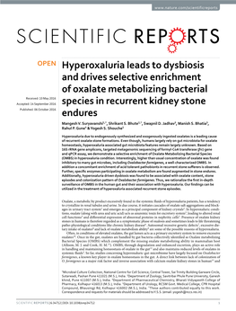 Hyperoxaluria Leads to Dysbiosis and Drives Selective Enrichment Of