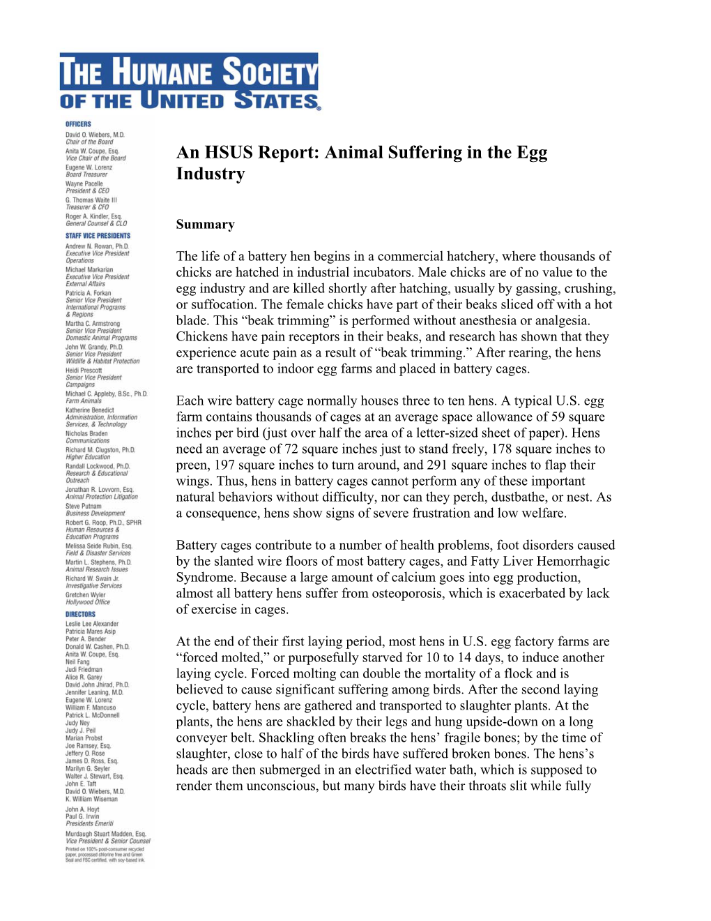 An HSUS Report: Animal Suffering in the Egg Industry