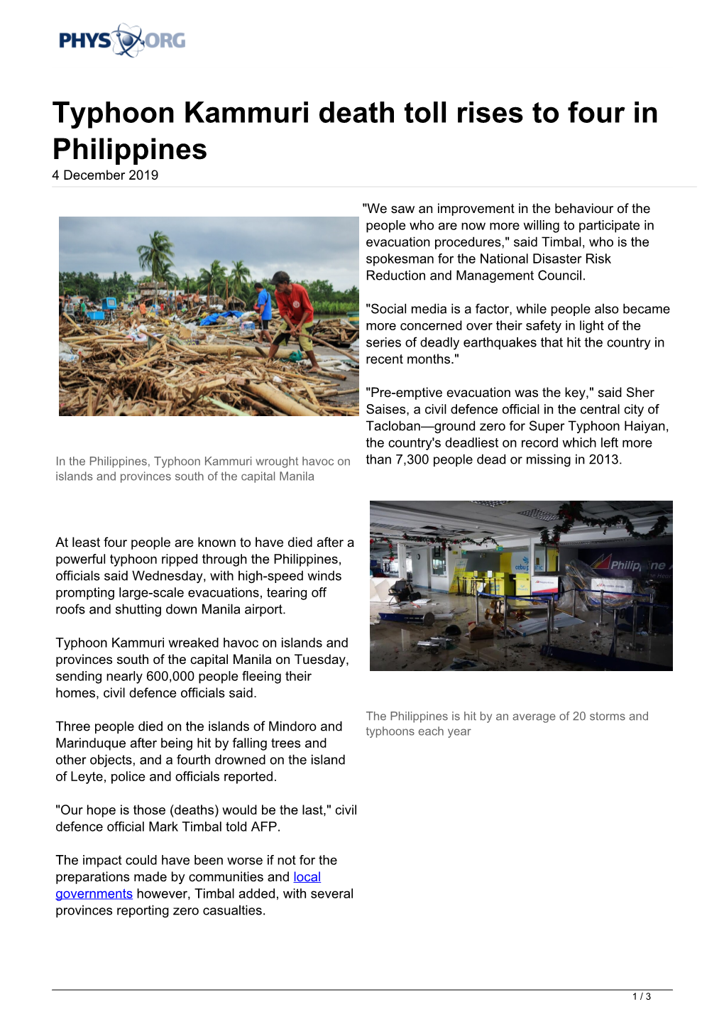 Typhoon Kammuri Death Toll Rises to Four in Philippines 4 December 2019