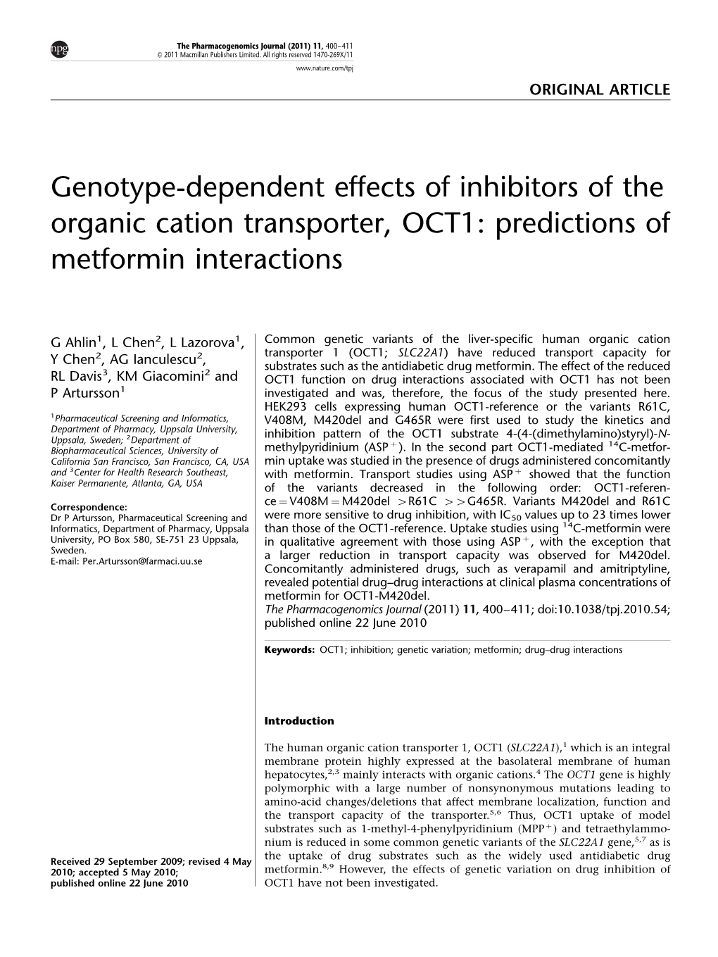 Genotype-Dependent Effects of Inhibitors of the Organic Cation Transporter, OCT1: Predictions of Metformin Interactions
