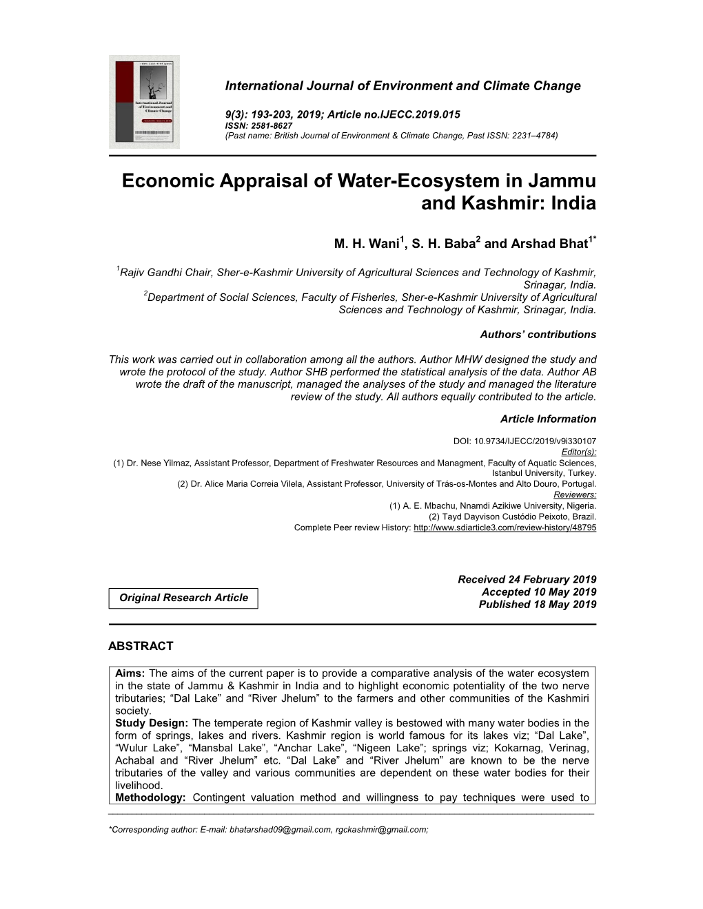 Economic Appraisal of Water-Ecosystem in Jammu and Kashmir: India