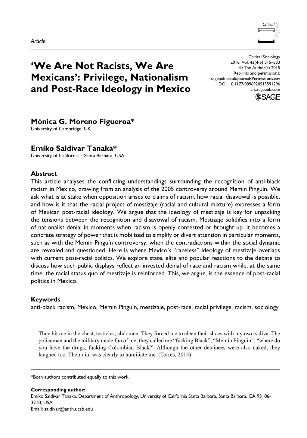 Privilege, Nationalism and Post-Race Ideology in Mexico