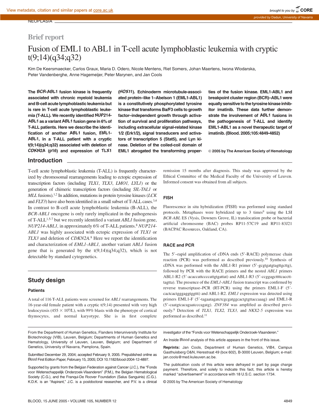 Fusion of EML1 to ABL1 in T-Cell Acute Lymphoblastic Leukemia with Cryptic T(9;14)(Q34;Q32)