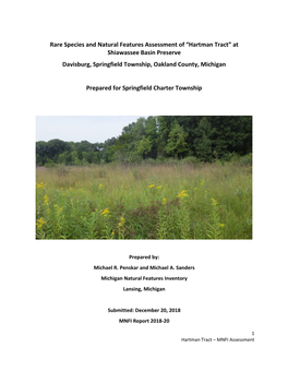 Rare Species and Natural Features Assessment of “Hartman Tract” at Shiawassee Basin Preserve Davisburg, Springfield Township, Oakland County, Michigan