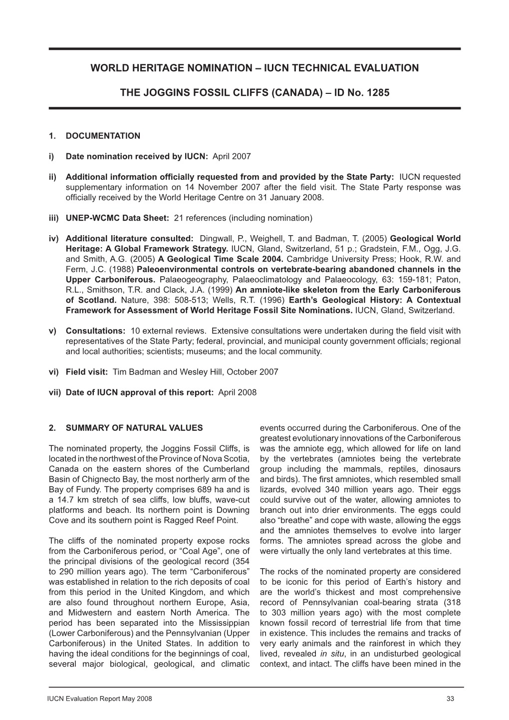 Iucn Technical Evaluation the Joggins Fossil Cliffs