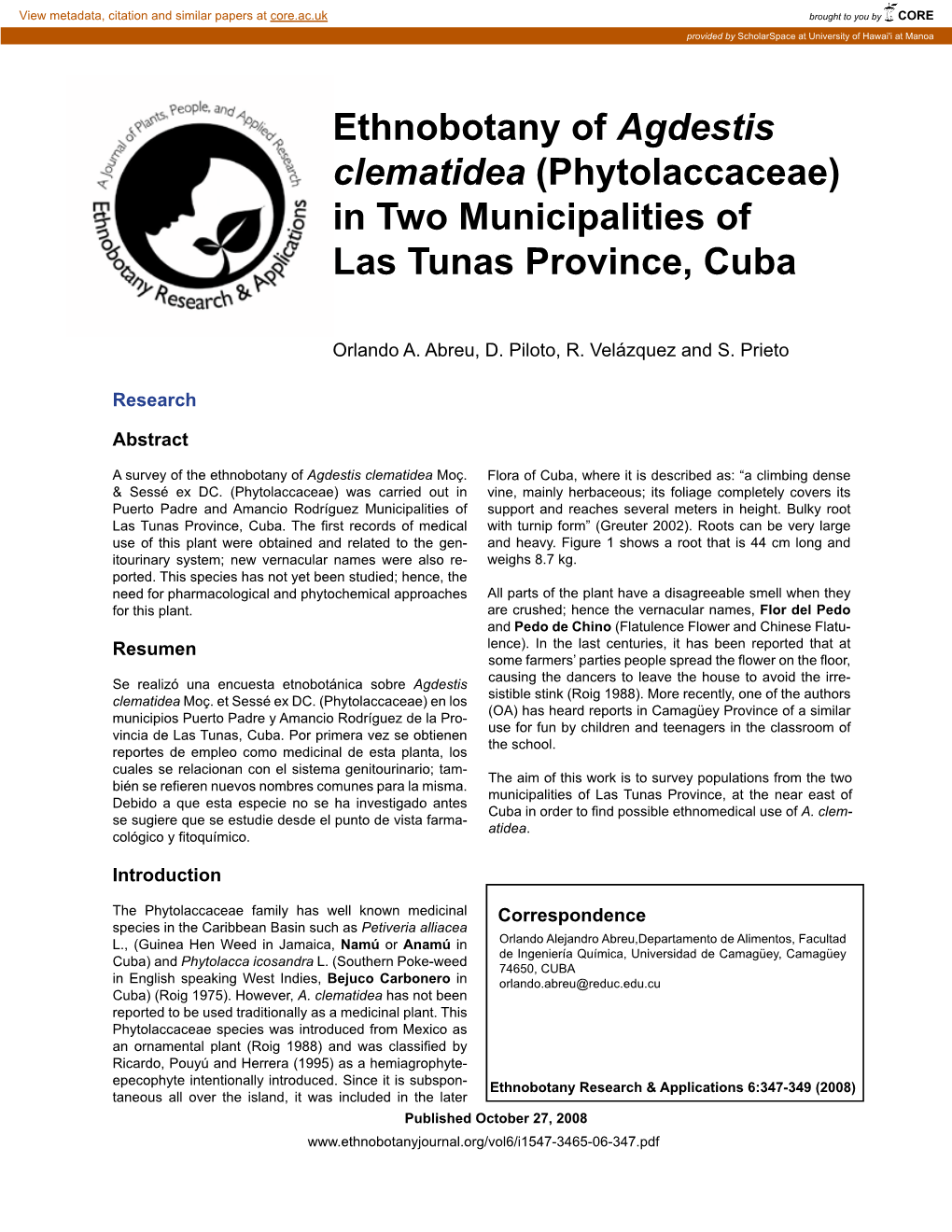Ethnobotany of Agdestis Clematidea (Phytolaccaceae) in Two Municipalities of Las Tunas Province, Cuba