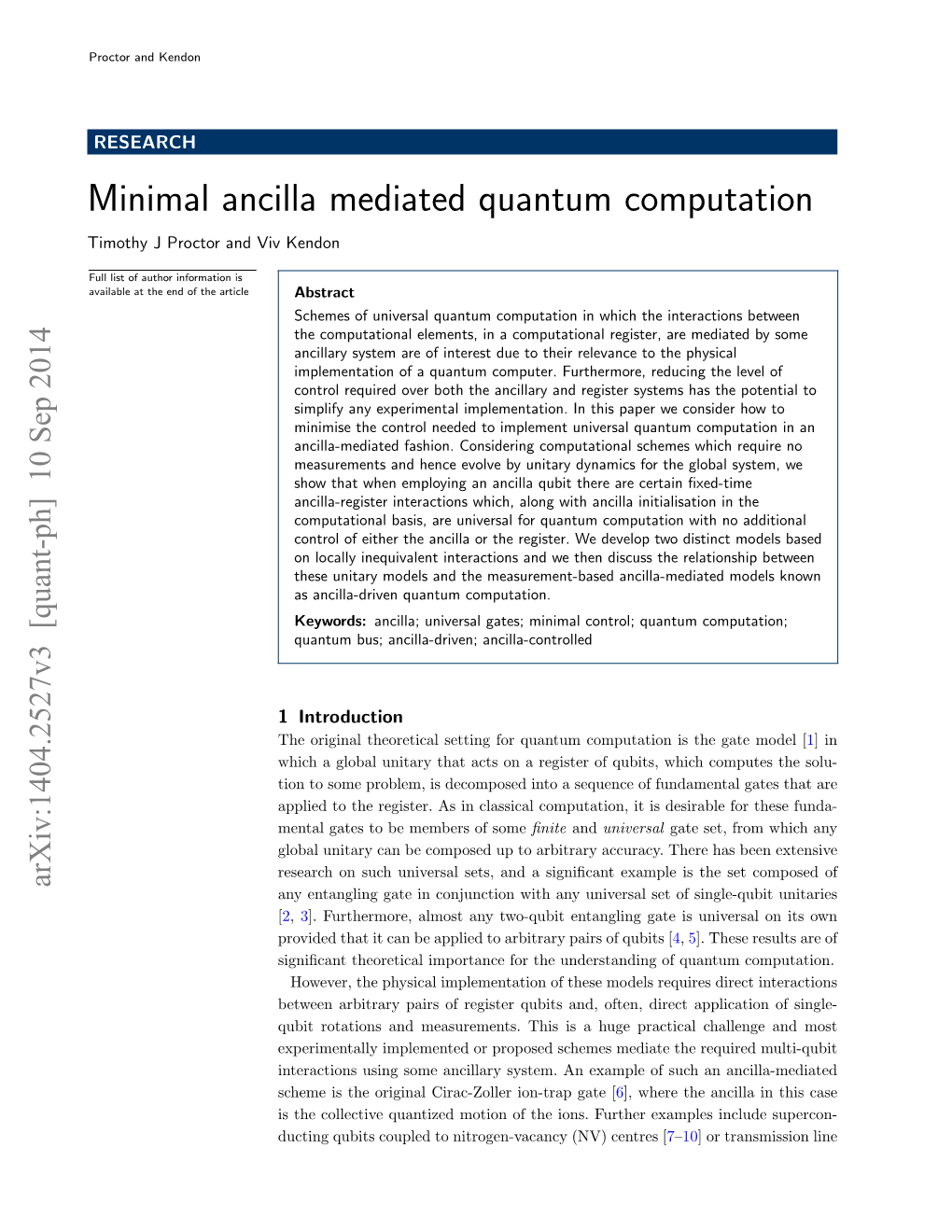 Minimal Ancilla Mediated Quantum Computation Timothy J Proctor and Viv Kendon
