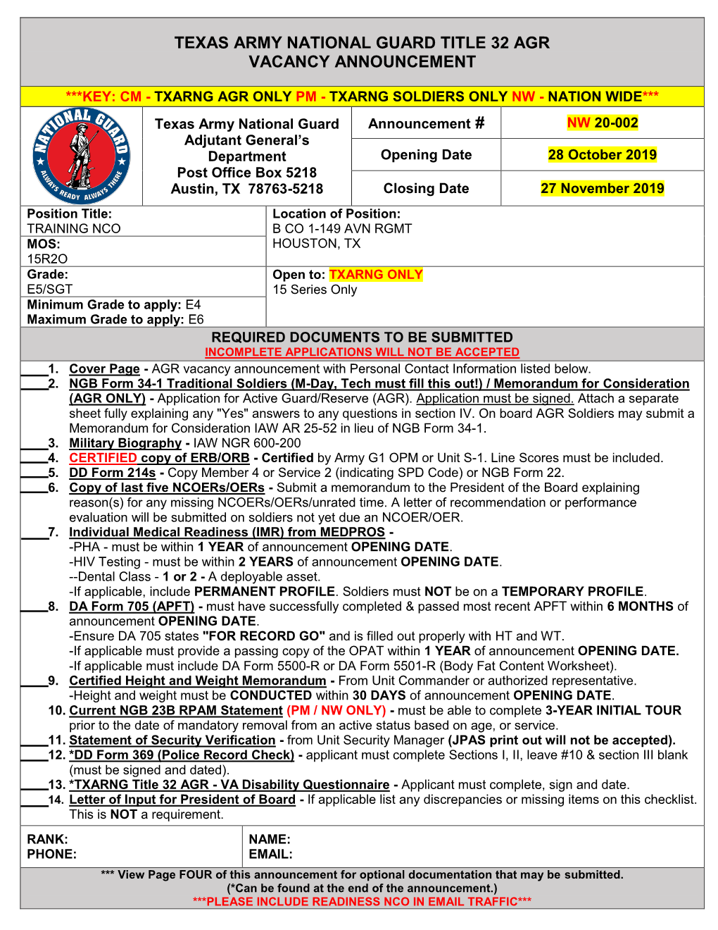 Texas Army National Guard Title 32 Agr Vacancy Announcement