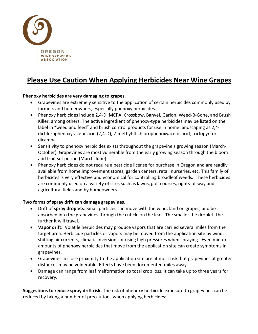 Please Use Caution When Applying Herbicides Near Wine Grapes
