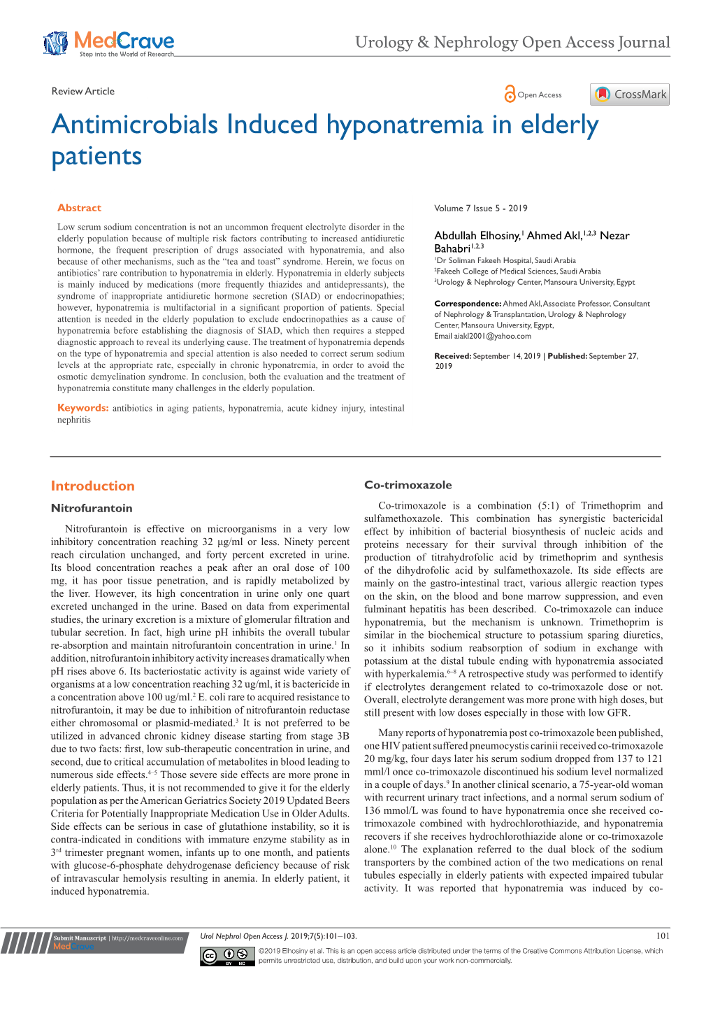 Antimicrobials Induced Hyponatremia in Elderly Patients;