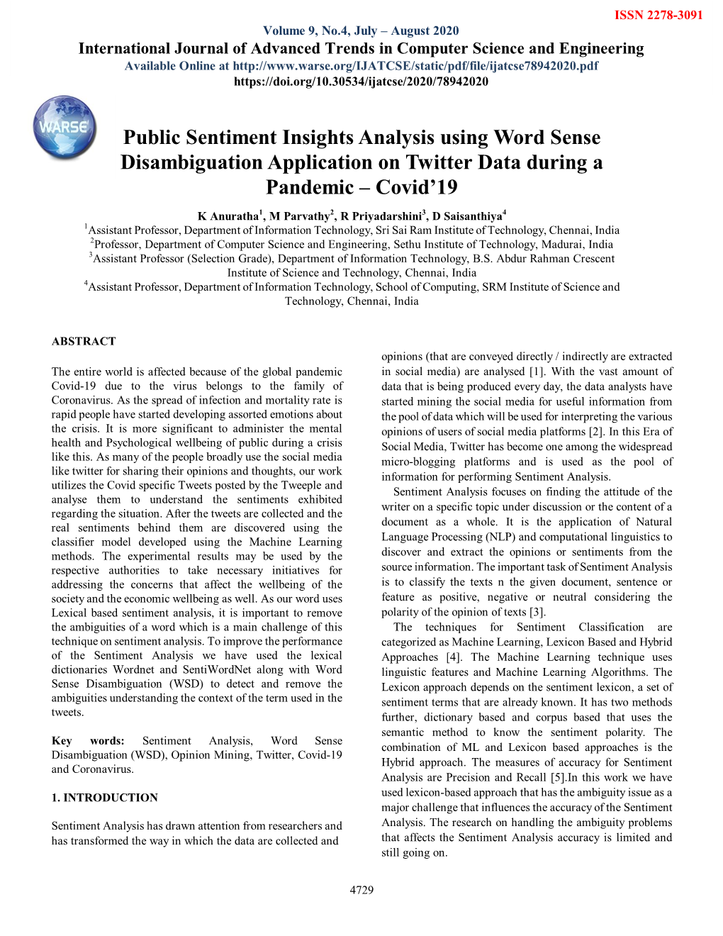 Public Sentiment Insights Analysis Using Word Sense Disambiguation Application on Twitter Data During a Pandemic – Covid’19