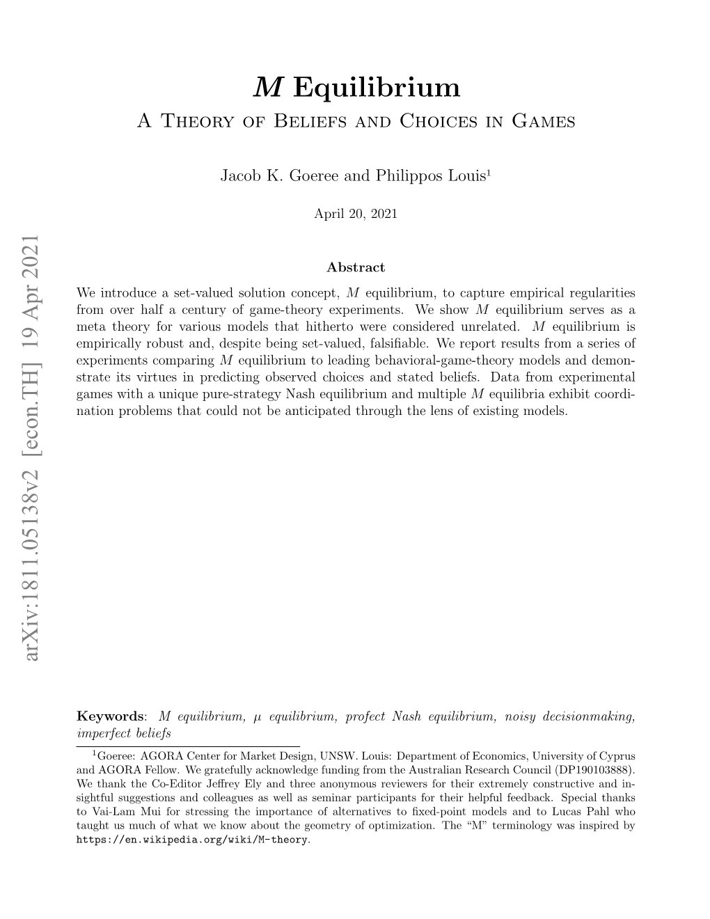 M Equilibrium a Theory of Beliefs and Choices in Games