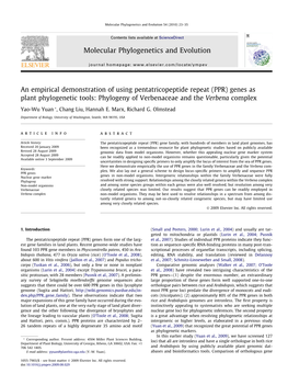 (PPR) Genes As Plant Phylogenetic Tools: Phylogeny of Verbenaceae and the Verbena Complex