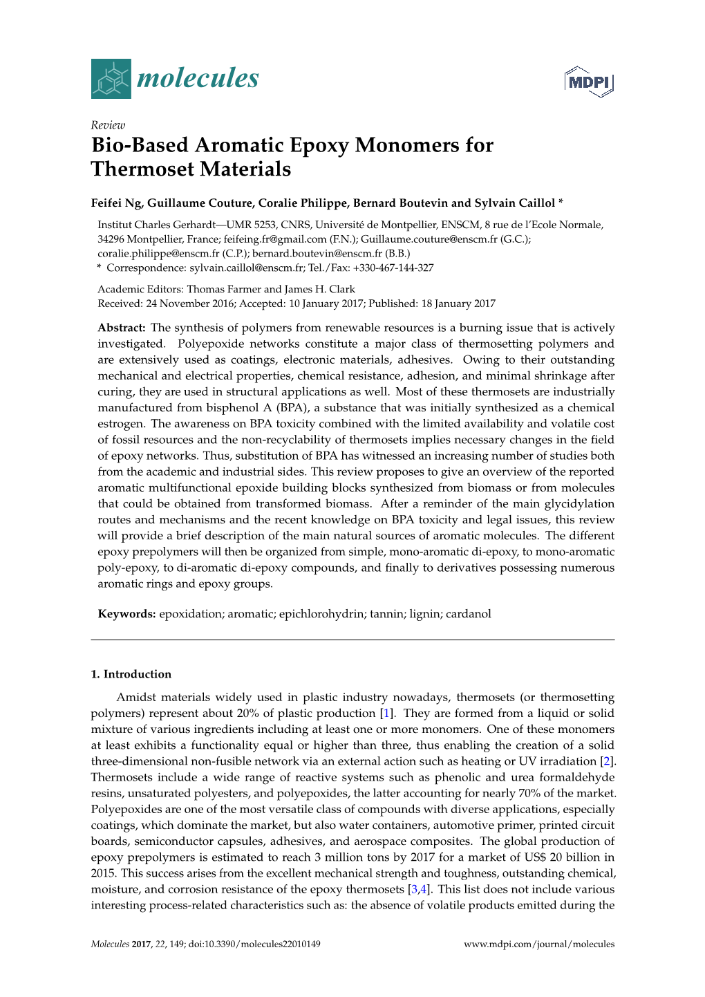Bio-Based Aromatic Epoxy Monomers for Thermoset Materials
