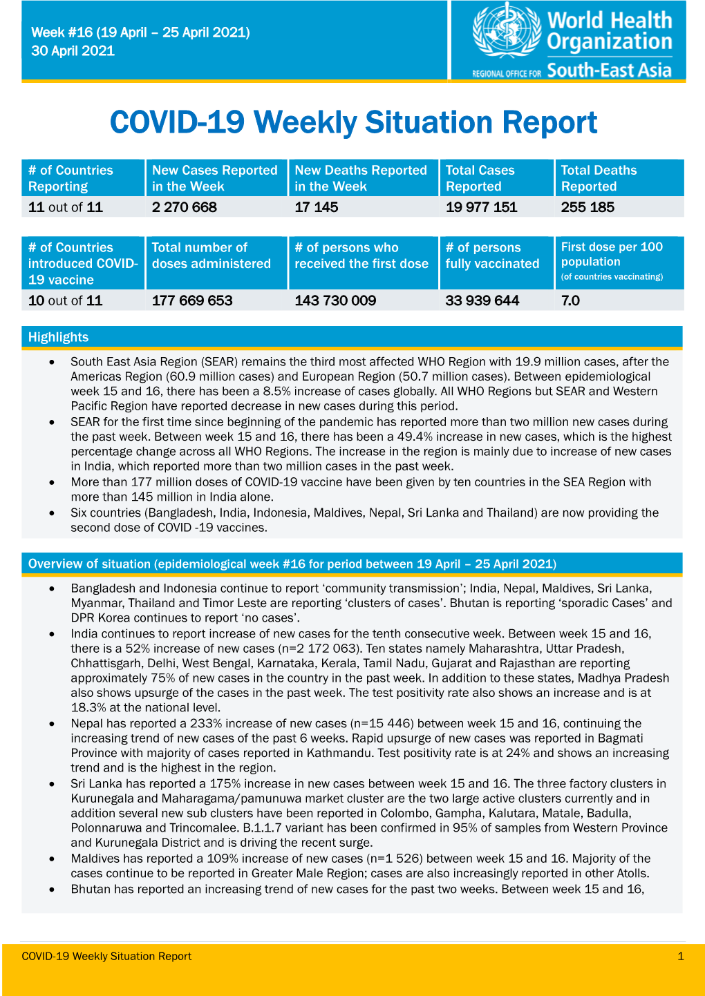 COVID-19 Weekly Situation Report