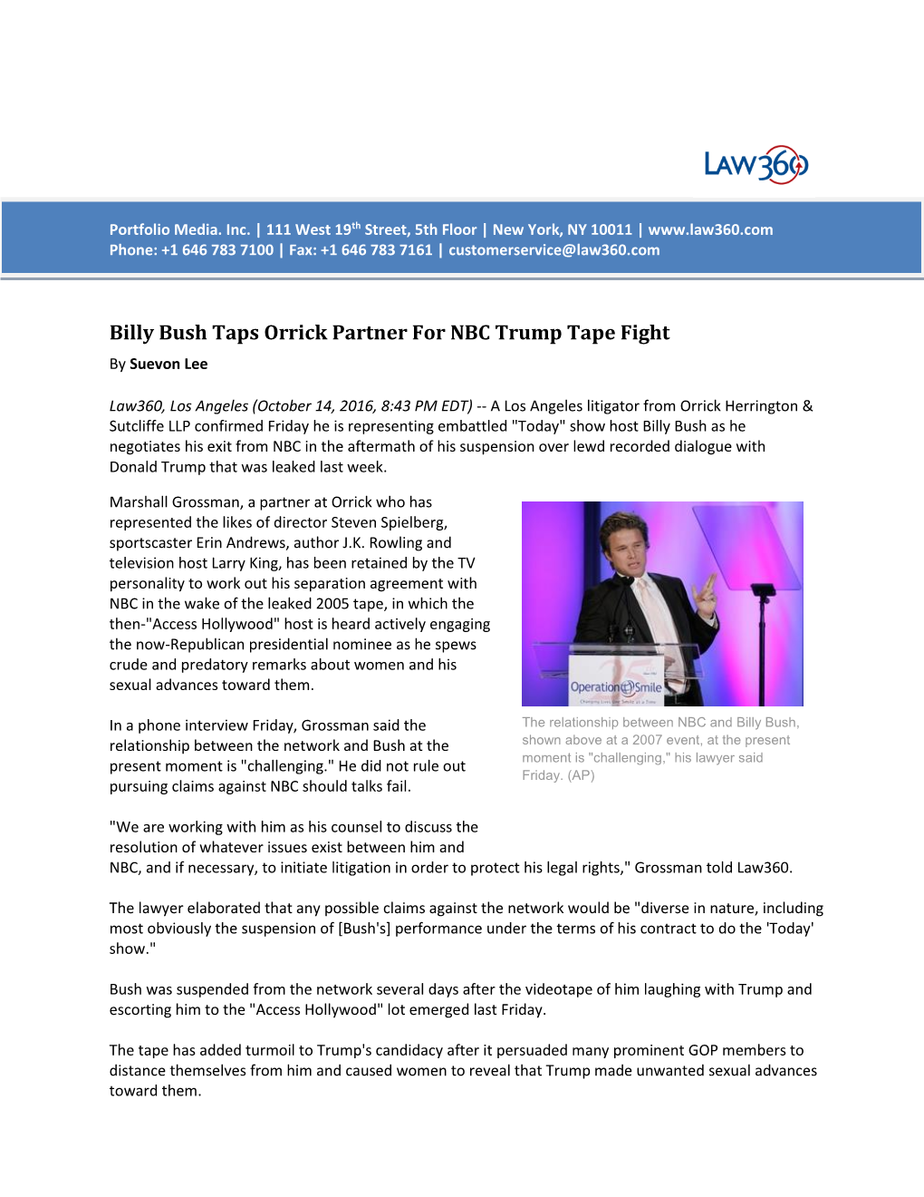 Billy Bush Taps Orrick Partner for NBC Trump Tape Fight by Suevon Lee