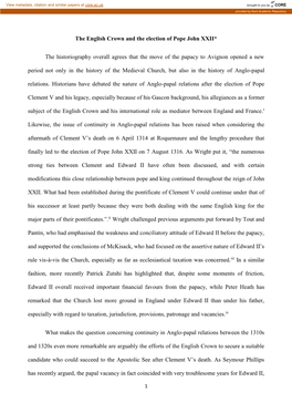 The English Crown and the Election of Pope John XXII* the Historiography Overall Agrees That the Move of the Papacy to Avignon O