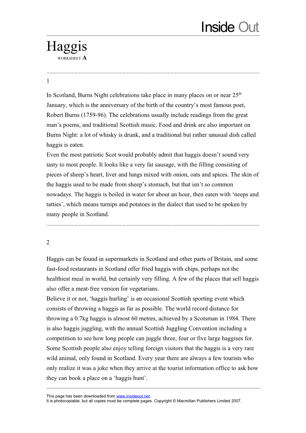 Haggis Worksheet A