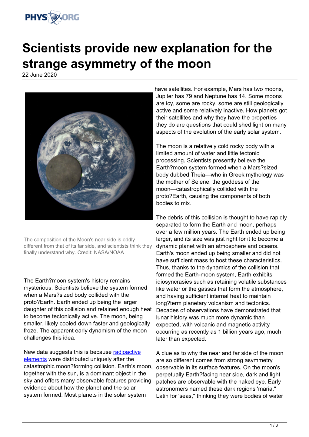 Scientists Provide New Explanation for the Strange Asymmetry of the Moon 22 June 2020