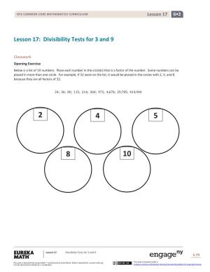 Lesson 17: Divisibility Tests for 3 and 9