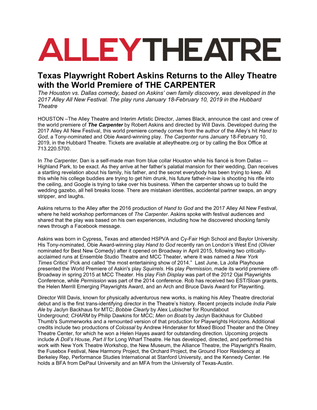 Texas Playwright Robert Askins Returns to the Alley Theatre with the World Premiere of the CARPENTER the Houston Vs